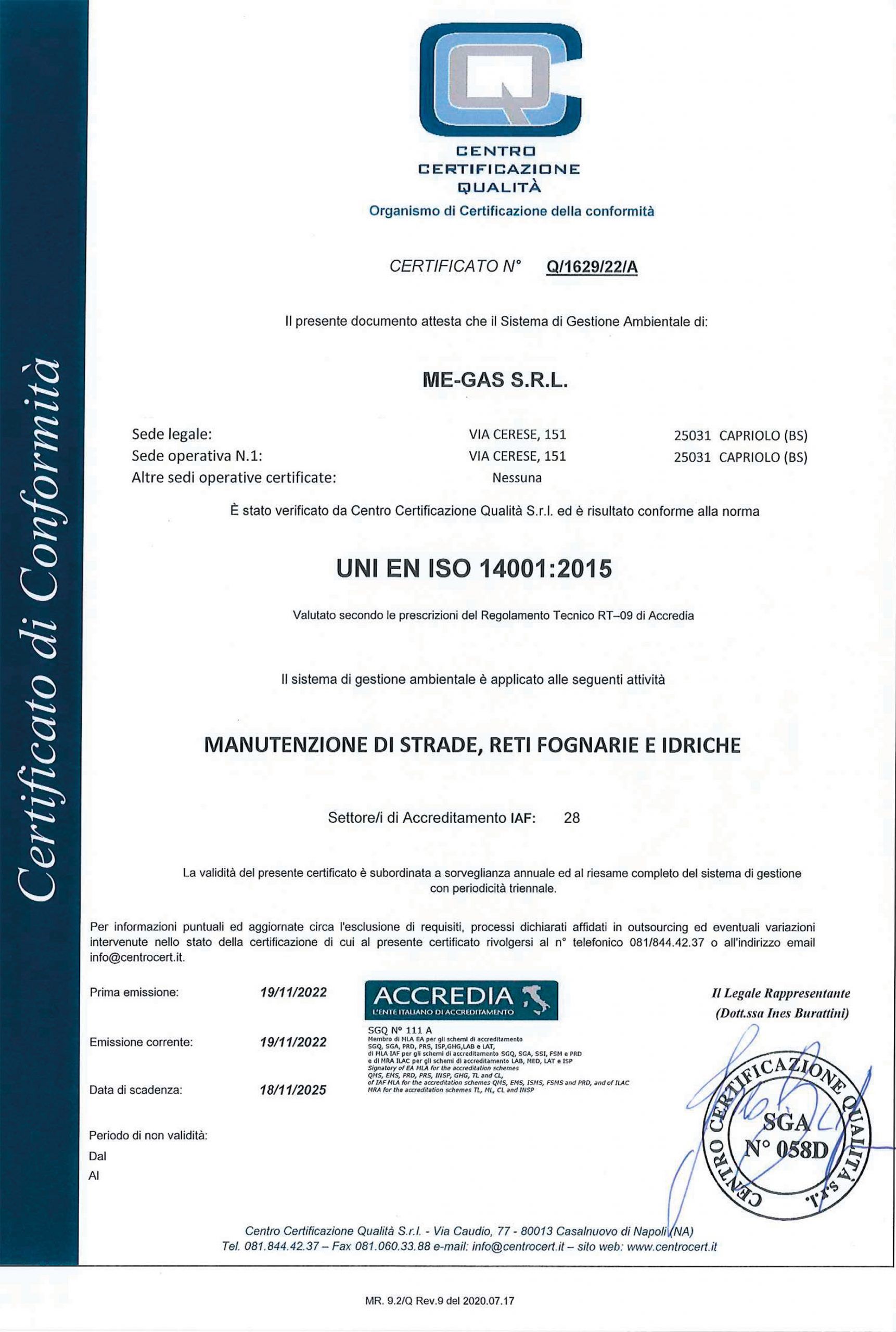 Certificato UNI EN ISO 14001-2015