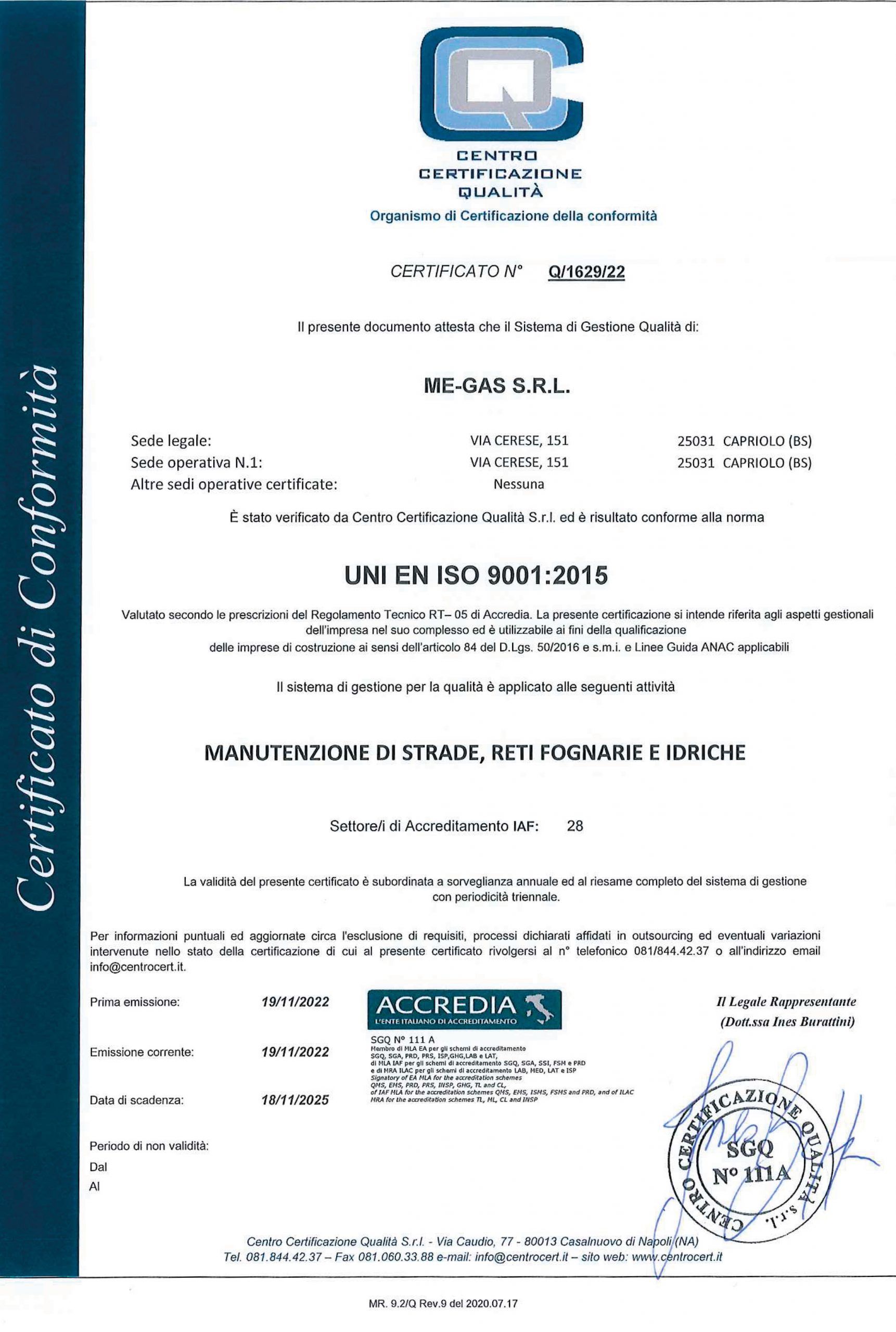 Certificato UNI EN ISO 9001-2015